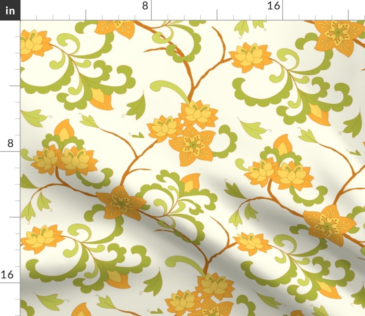 Trailing Floral Orange Chintz Indian Botanical Green Cream Retro Flowers Custom Printed Fabric by Spoonflower Various Fabrics by the Yard or Fat Quarter